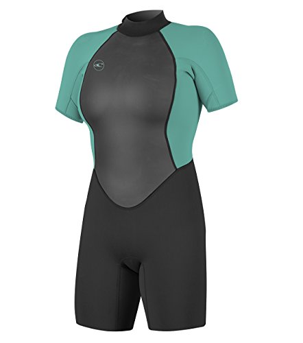 O’Neill Women’s Reactor-2 2mm Back Zip Short Sleeve Spring Wetsuit, Black/Light Aqua, 8