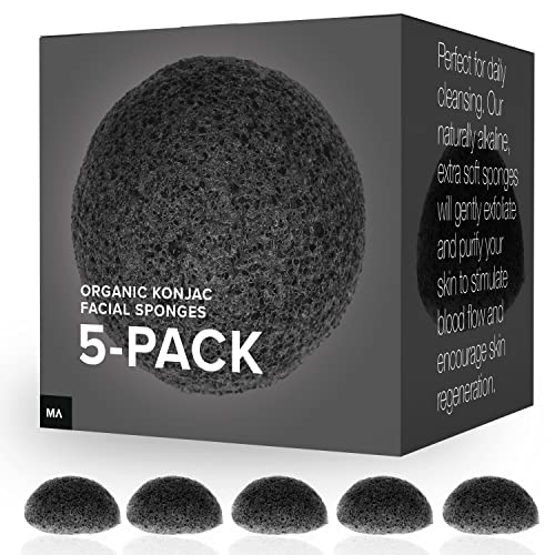 Minamul Konjac Exfoliating Organic Facial Sponge Set, Gentle daily face scrub/skincare, best bamboo activated charcoal, Safe for Oily, Dry, Combination or Sensitive skin, Makeup Remover, 5 pack
