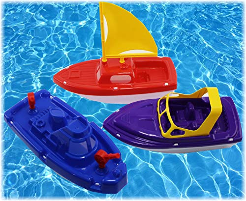 Matty’s Toy Stop Plastic Boats Set Sailboat (Red), Speedboat (Purple) & Fireboat (Blue) Gift Set Bundle, Perfect Bath, Pool, Beach Etc. – 3 Pack