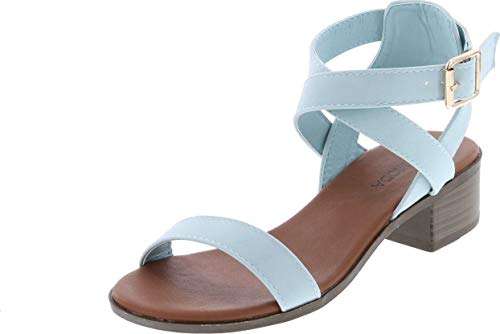 TOP Moda Vision-75 Women’s Ankle Wrap Adjustable Buckle Stacked Chunky Heel Sandal,Light Blue,5.5