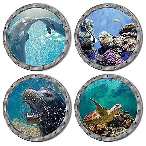 4 PCS Removable 3D Under The Sea Nature Scenery Wall Decals Animals Wall Sticker Home Wall Art Decor for Bathroom Bedroom Door Kids Baby Nursery Room Includ Sea Turtles Dolphins Sea Lions Coral