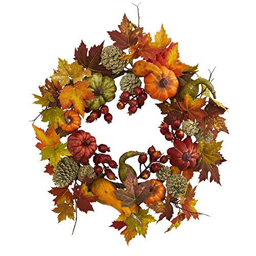 Nearly Natural 4163 24″ Pumpkin, Gourd, Berry & Maple Leaf Wreath Multi/Color