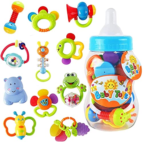WISHTIME 11PCS Baby rattles teethers for Newborn Toys, Gifts for Infants with Hand Development Rattle Toys and Giant Bottle for 0 3 6 9 12 Month Girl and boy