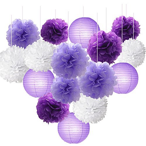 16pcs Tissue Paper Flowers Ball Pom Poms Mixed Paper Lanterns Craft Kit for Lavender Purple Themed Birthday Party Decor Baby Shower Decor Bridal Shower Decor Wedding Party Decorations