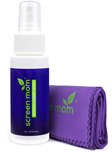 Screen Mom Screen Cleaner Kit for Laptop, Phone Cleaner, iPad, Eyeglass, LED, LCD, TV – Includes 2oz Spray and 2 Purple Cleaning Cloths