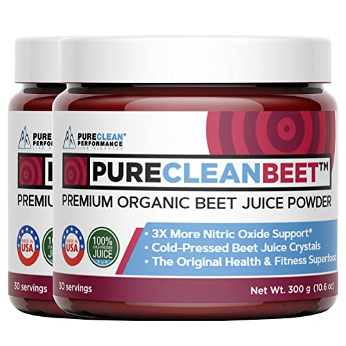 PureClean Organic Beet Juice Powder – Nitric Oxide Supplement – 100% USA Grown Beets – Organic Beet Root Powder 30 Servings, 300g (2 Jars 60 Servings)