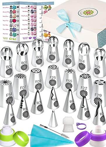 CUPCAKE RUSSIAN PIPING TIPS SET – Best 69pc Edible Flowers Cake Decorating Kit, Large Frosting Nozzles. Bonus Icing Pastry Bags. Extra Couplers. Baking Accessories and Supplies. Ball Flower Nozzle