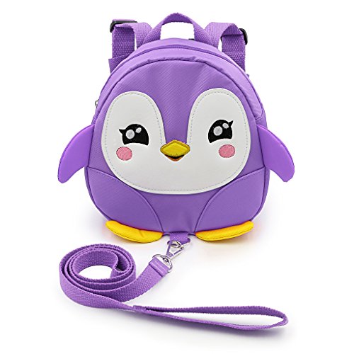 Hipiwe Baby Toddler Walking Safety Backpack Little Kid Boys Girls Anti-lost Travel Bag Harness Reins Cute Cartoon Penguin Mini Backpacks with Safety Leash for Baby 1-3 Years Old (Purple)