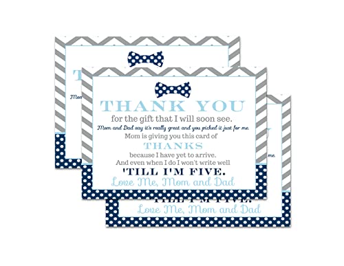 Bow Tie Baby Shower Thank You Postcards (15 Pack) Boys Notecards Only – Eco-friendly – Postal Note with Message from Newborn – Navy and Grey – Printed Size 4×6 – Paper Clever Party