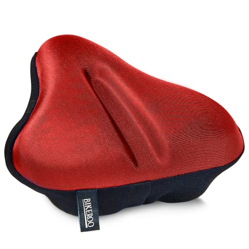 Bikeroo Bike Seat Cushion – Padded Gel Wide Adjustable Cover for Men & Womens Comfort, Compatible with Peloton, Stationary Exercise or Cruiser Bicycle Seats, 11in X 10in (Red)