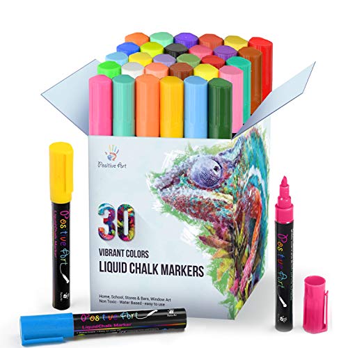 Positive Art Liquid Chalk Markers 30 Colors Bright Colors, Painting and Drawing For Kids and Adults, Window and Board Art For Bistros, Bars – Reversible Tip (Chalk Marker)