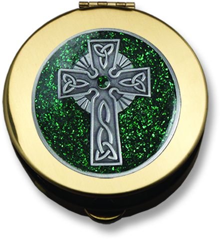 Cathedral Art PS451 Polished Brass PYX – Green Celtic Cross – Small