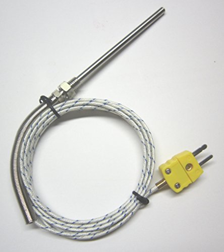 K-Type Thermocouple Sensor with High Temperature Stainless Steel Probe, 932 F or 500 C, with Braided Fiberglass Cable