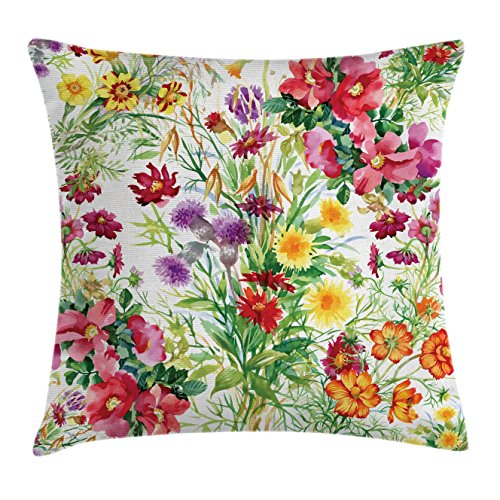 Ambesonne Flower Throw Pillow Cushion Cover, Floral Design Garden Like Romantic Theme Image with Leaves Rose Blooms Daisies Image, Decorative Square Accent Pillow Case, 16″ X 16″, Yellow Pink