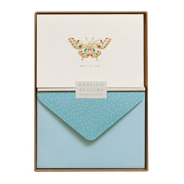 Portico Designs Blank Notecard Set Gold Foil Boxed Notecards Stationary Set, 10-Count, Jeweled Butterfly