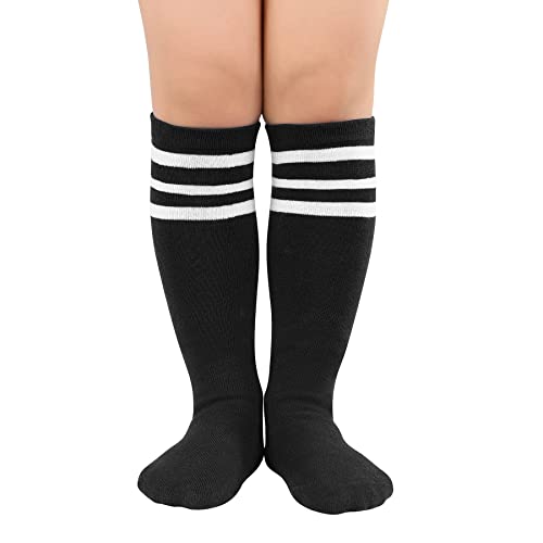 Zando Kids Child Cotton Three Stripes Sport Soccer Team Socks Uniform Tube Cute Knee High Stocking for Boys Girls 1 Pairs Black White One Size