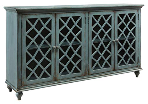 Signature Design by Ashley Mirimyn Vintage 69″ 4-Door Accent Cabinet with Mirrored Glass and 2 Adjustable Shelves, Antique Blue