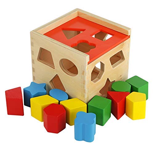 Colorful Shape Cube Sorting Puzzle – Solid Wood Toy with 12 Shapes – Educational Baby Toy for Toddler Boys and Girls Age 18-24 Months, 2 Years and Up – Classic Early Development Shape Recognition Toy