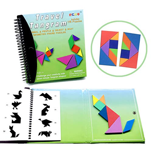 Wallxin Travel Tangram Puzzle – Magnetic Pattern Block Book Road Trip Game Jigsaw Shapes for Kids Adult Challenge IQ Educational Toy Gift Brain Teasers-2 Set of Tangrams
