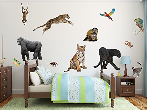 Large 12 PC Jungle Animal Wall Set | Tiger, Gorilla, Panther, Birds and Other Jungle Animals | Removes from Wall Leaving no Damage | Fun Stickers for Any Nursery, Bedroom, Playroom or Classroom