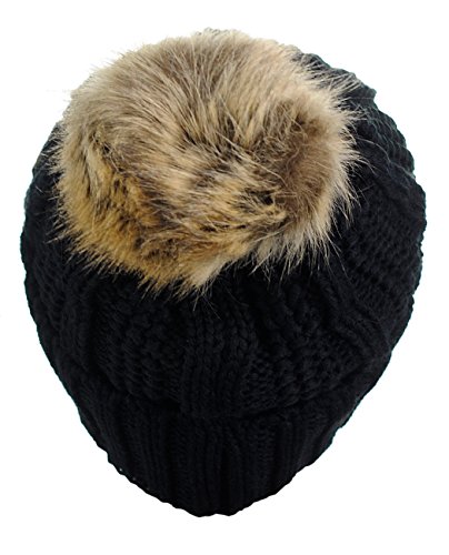 C.C Thick Cable Knit Faux Fuzzy Fur Pom Fleece Lined Skull Cap Cuff Beanie, Black | The Storepaperoomates Retail Market - Fast Affordable Shopping