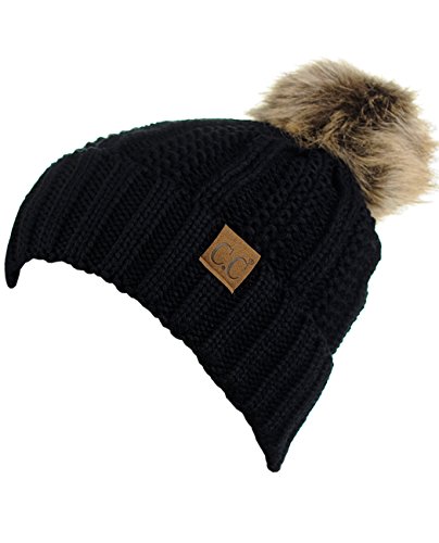 C.C Thick Cable Knit Faux Fuzzy Fur Pom Fleece Lined Skull Cap Cuff Beanie, Black | The Storepaperoomates Retail Market - Fast Affordable Shopping