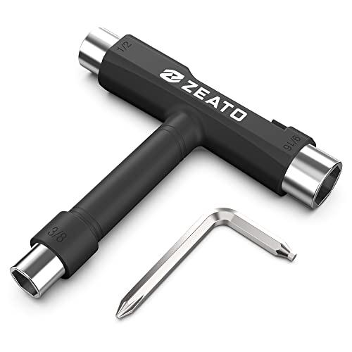 Zeato All-in-One Skate Tools Multi-Function Portable Skateboard T Tool Accessory with T-Type Allen Key and L-Type Phillips Head Wrench Screwdriver – Black