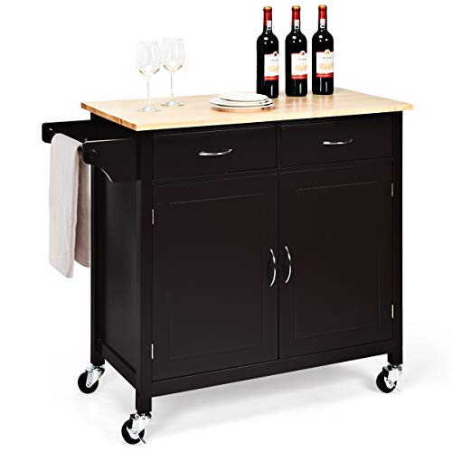 Giantex Kitchen Island, Rolling Kitchen Cart, Wood Counter Top, Utility Service Trolley Cart with Storage Cabinet and 2 Large Drawer Towel Rack, Bar Dining Room Organizer Furniture, Dark Brown