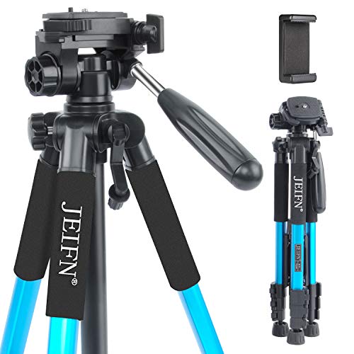 JEIFN 58″ Compact Tripod Travel Portable Camera Tripod with Phone Clip for Canon Nikon Sony DSLR Phone Video Laser Level Spotting Scope (Blue)