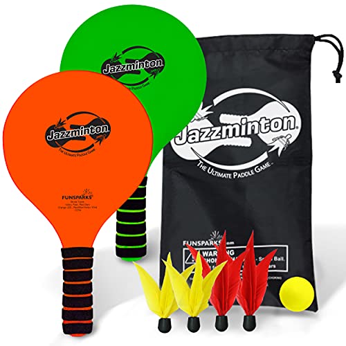 Jazzminton Paddle Ball Game with Carry Bag – Indoor Outdoor Toy – Play at The Beach, Lawn or Backyard – 2 Wooden Racquets – 4 Shuttlecocks – 1 Ball