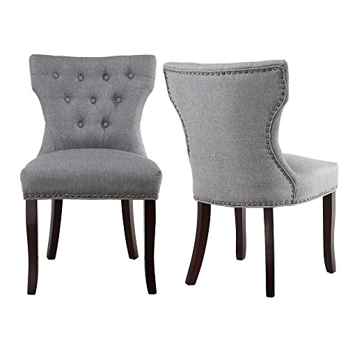 LSSBOUGHT Set of 2 Fabric Dining Chairs Leisure Padded Chairs with Brown Solid Wooden Legs,Nailed Trim (Gray)