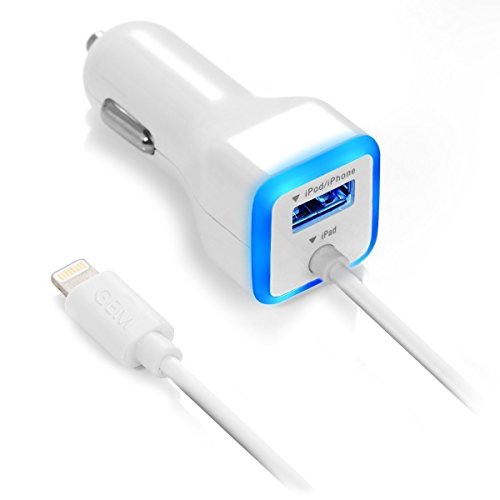 GEMBONICS Apple Certified iPhone Lightning Car Charger for iPhone 12, 11, X, XR, XS, 8, 8 Plus, 7, 7 Plus, 6S, 6S Plus, 6 Plus, SE, 5S, iPad Pro, Air 2, Mini 4 with Extra USB Port (White)