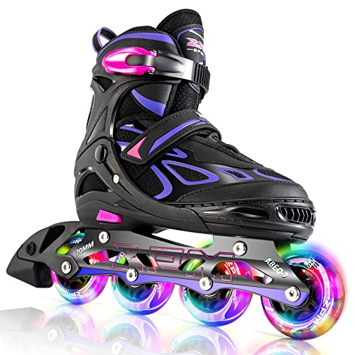 2PM SPORTS Vinal Girls Adjustable Inline Skates with Light up Wheels Beginner Skates Fun Illuminating Roller Skates for Kids Boys and Ladies… (Violet & Magenta, Large – Youth (4Y-7Y US))