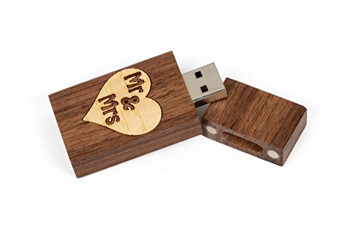 10 Wooden USB 2.0 Flash Drive – Bulk Pack – USB 2.0 Wooden Walnut Stick Design – Mr & Mrs Heart Veneer Design (16GB)