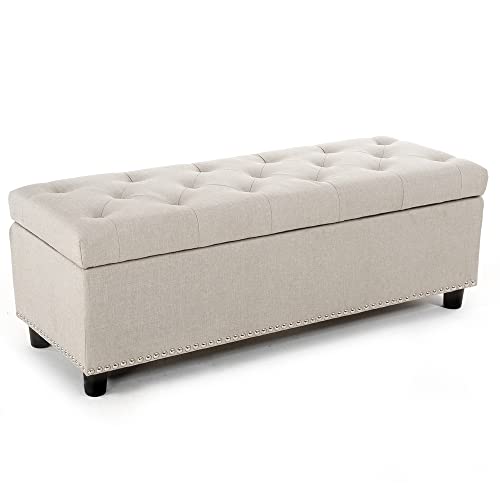 BELLEZE 47 Inch Storage Ottoman, Button-Tufted Ottoman Linen Storage Bench with Safety Close Hinge, Ottoman with Storage for Living Room, Entryway, Hallway, Foot Rest, Support 300lbs – Beige