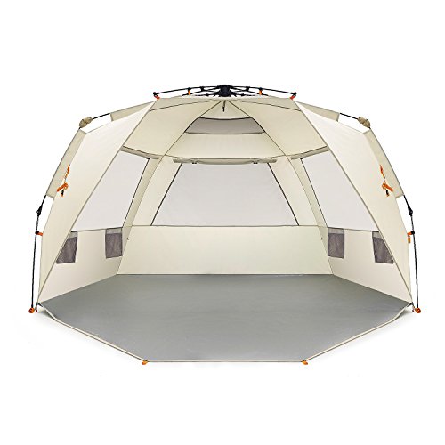 Easthills Outdoors Instant Shader Deluxe XL Beach Tent Easy Up 99″ Wide for 4-6 Person Sun Shelter – Extended Zippered Porch Included Beige