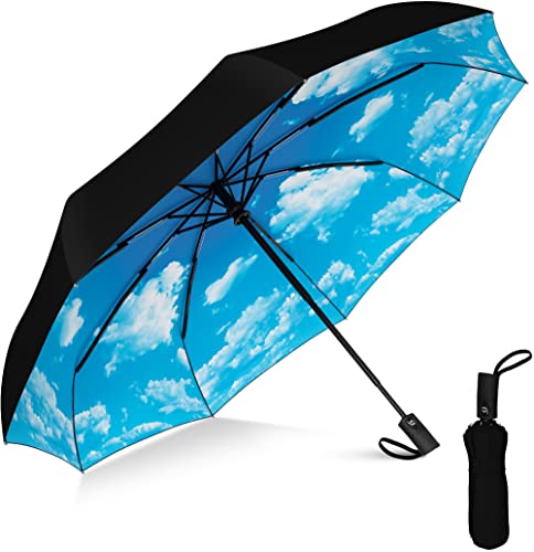 Rain-Mate Compact Travel Umbrella – Pocket Portable Folding Windproof Mini Umbrella – Auto Open and Close Button and 9 Rib Reinforced Canopy (Blue Sky)