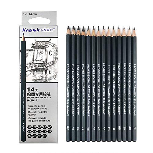 Kasimir Drawing Pencils 14pcs/set 12B, 10B, 8B, 7B, 6B, 5B, 4B, 3B, 2B, B, HB, 2H, 4H, 6H Graphite Sketching Pencils Professional Sketch Pencils Set for Drawing
