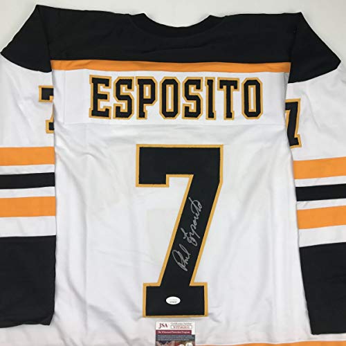 Autographed/Signed Phil Esposito Boston White Hockey Jersey JSA COA