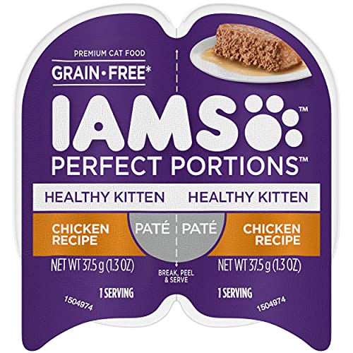IAMS PERFECT PORTIONS Healthy Kitten Grain Free* Wet Cat Food Paté, Chicken Recipe,2.6 oz (Pack of 24). Easy Peel Twin-Pack Trays