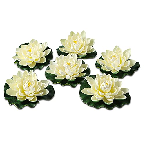 NAVADEAL 6PCS Artificial Floating Foam Lotus Flowers with Water Lily Pad Ornaments, Ivory White, Perfect for Patio Koi Pond Pool Aquarium Home Garden Wedding Party Holiday Decoration(with NO Lights)