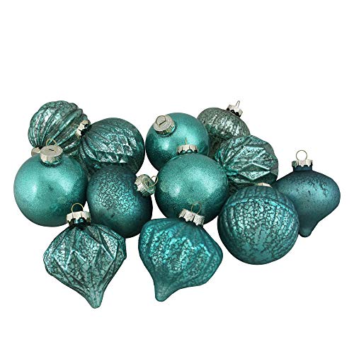 12ct Teal Blue 3-Finish Christmas Ornaments 3.75″ (95mm)