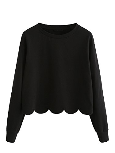 Romwe Women’s Casual Long Sleeve Scalloped Hem Crop Tops Sweatshirt Black M