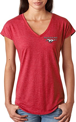 Ladies Ford Tee Mustang Pocket Print Tri Blend V-Neck, Heather Red, XL