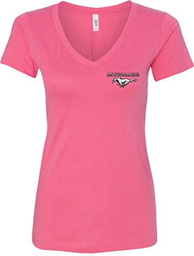 Ladies Ford Tee Mustang Pocket Print V-Neck Shirt, Hot Pink, XL