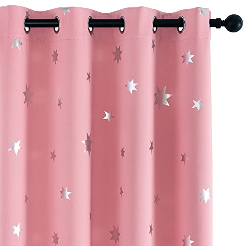 Anjee Blackout Curtains for Girls Bedroom 63 Inches Long Kids Star Foil Print Window Pink Curtains Thermal Insulated Room Darkening Drapes Nursery Decor 2 Panels, Baby Pink 52×63 Inches