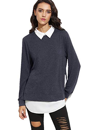 Romwe Women’s Classic Collar Long Sleeve Curved Hem Pullover Sweatshirt Grayish-Blue L