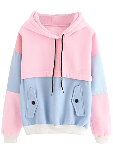 SweatyRocks Women’s Winter Color Block Long Sleeve Fleece Hoodie Sweatshirt with Pockets Pink Blue L