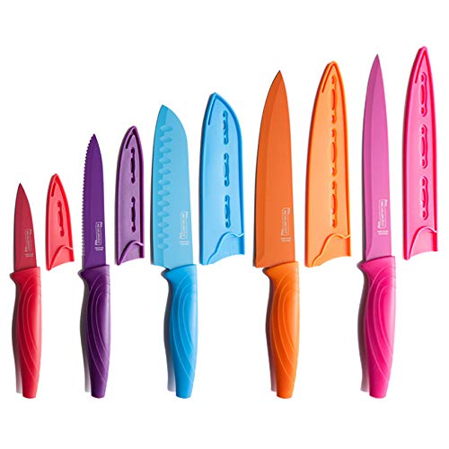 MICHELANGELO Knife Set, Sharp 10-Piece Kitchen Knife Set with Covers, Multicolor Knives, Stainless Steel Knives Set for Kitchen, 5 Rainbow Knives & 5 Sheath Covers