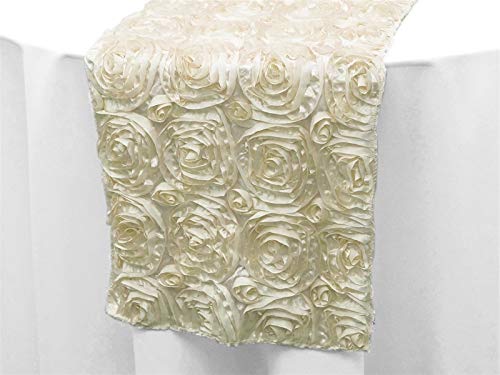 Rectangular, Round, Runner Grandiose Rosette 3D Satin Tablecloth for Wedding Party Event Decoration by Runner Linen Factory (Runner 14×108 Inch, Ivory)